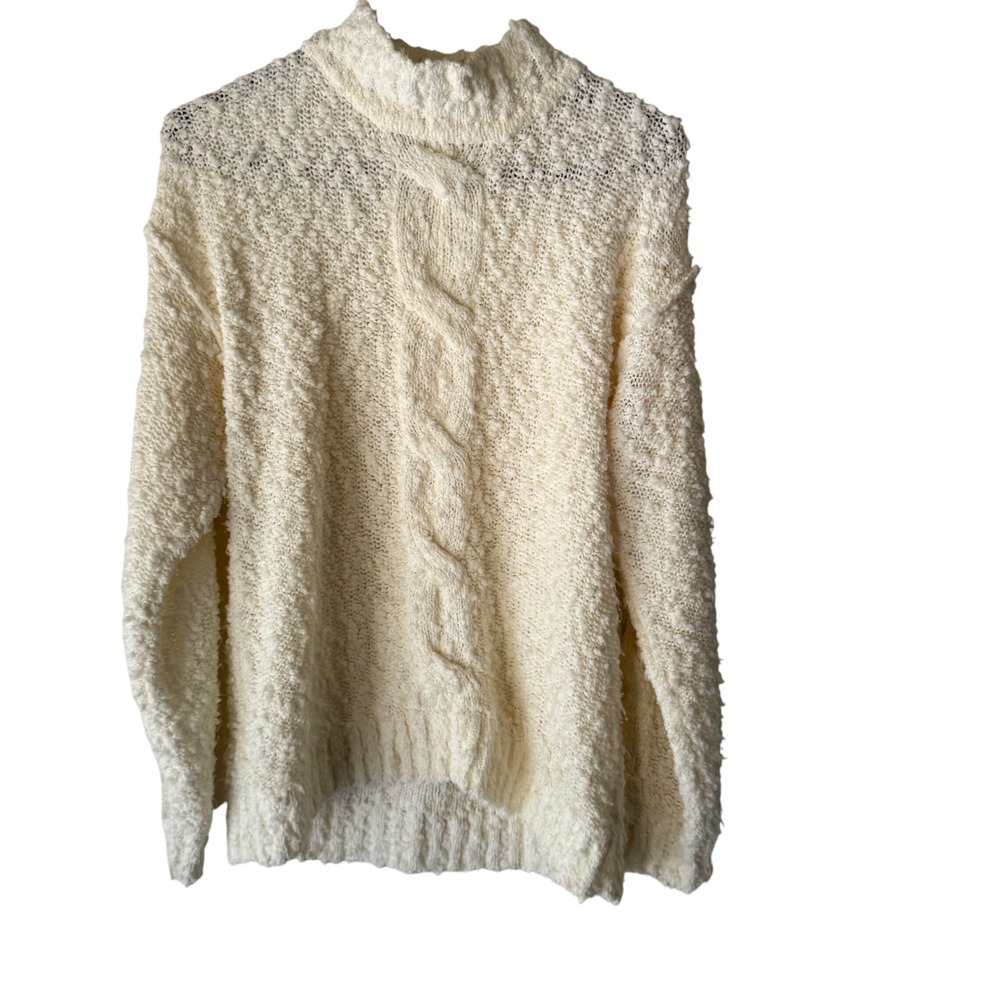 Joan Harper Cream Cable Knit Mock Neck Sweater‎ Pullover Medium Popcorn